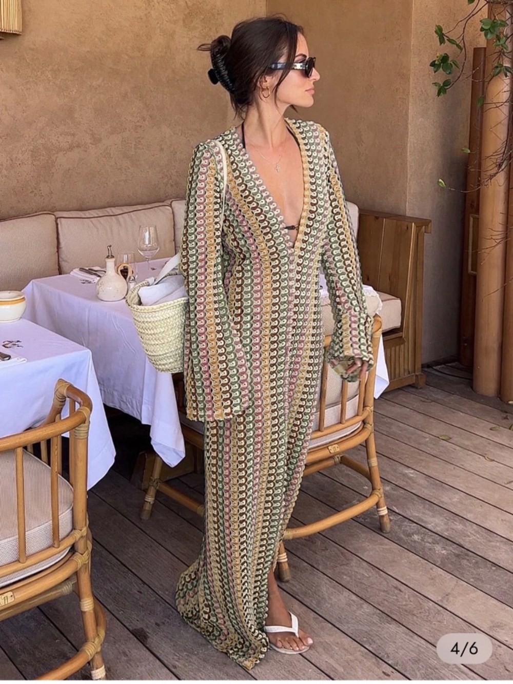 Resort Scalloped V Neck Bell Sleeve Crochet Knit Maxi